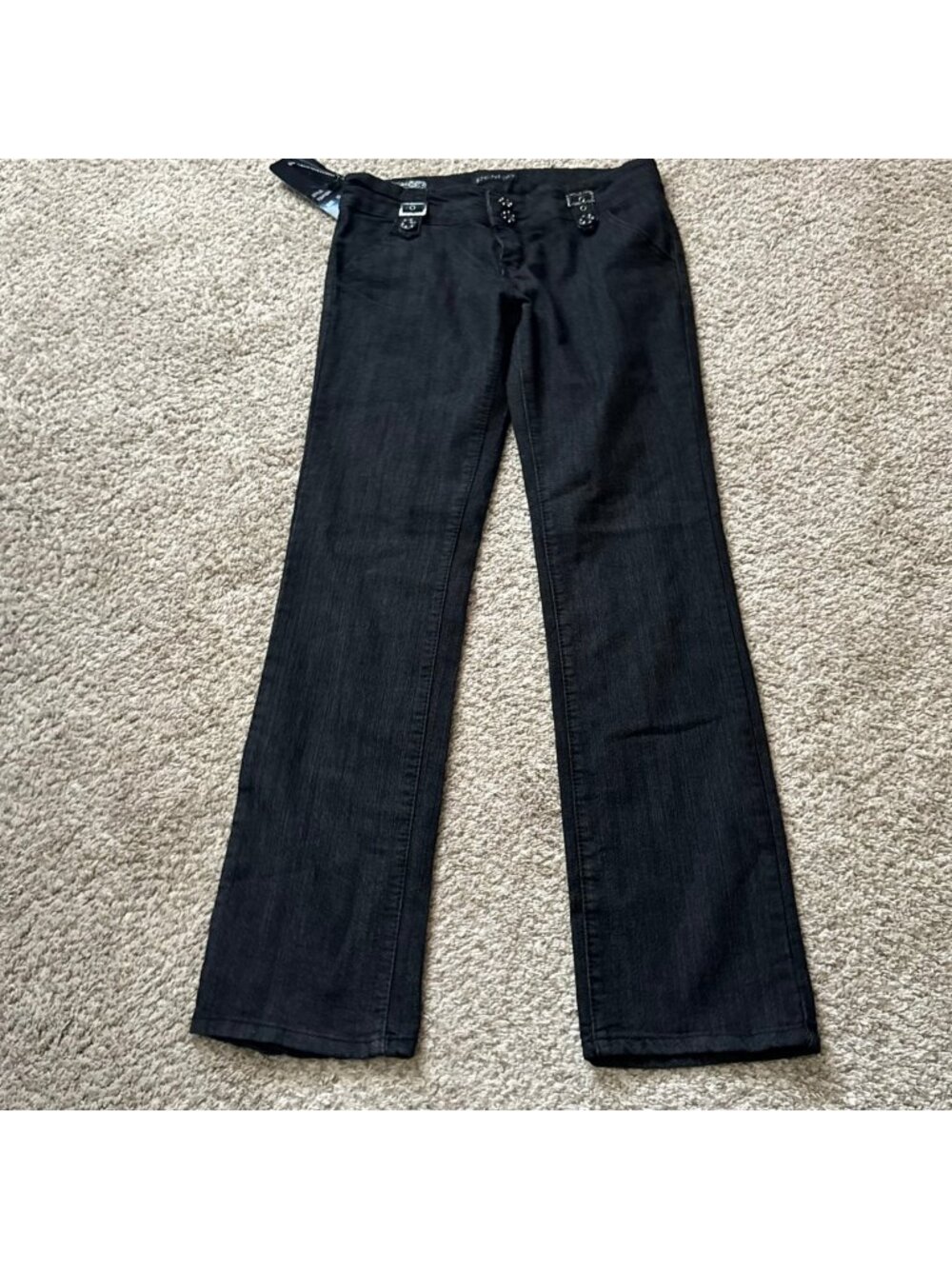 Pasión Bootcut Jeans with Buckles Women's Size 13 Black Dark Wash Stretch NWT